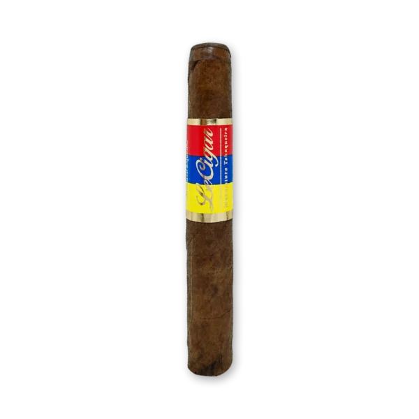 Charuto Le Cigar Toro Habano Equador, reto, de capa marrom escura, com anilha vermelha, azul e amarela