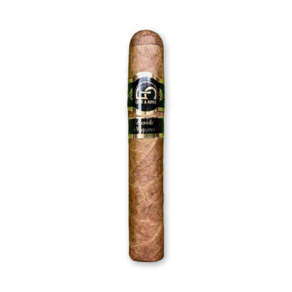 Charuto Leite & Alves Robusto Besuki de capa marrom clara com anilha preta e dourada e anilha verde Besuki Wrapper