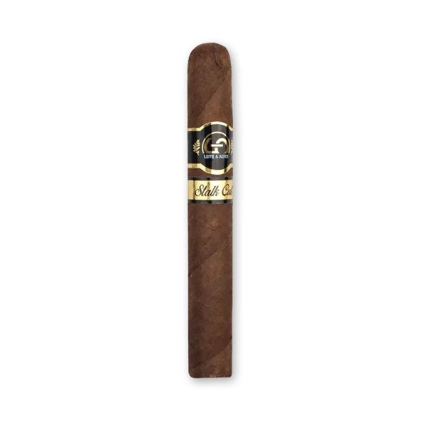 Charuto Leite & Alves Robusto Stalk Cut, reto, de capa marrom escura, com anilha preta e anilha dourada