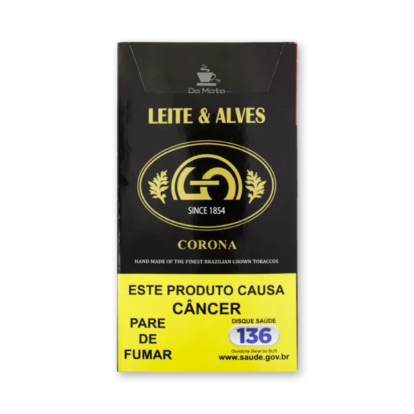 Petaca preta de Leite & Alves Corona com o oval dourado da marca, a inscrição Since 1854 e a tarja amarela