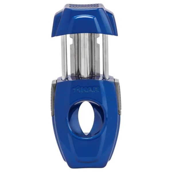 Cortador Xikar VX2 azul aberto exibindo lâminas de corte em V