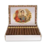Caixa aberta Bolivar Petit Coronas com anilha clássica de Simón Bolívar e charutos em fileiras