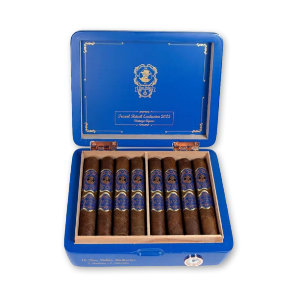 Estojo azul Don Polier Robusto aberto com charutos de anilha azul