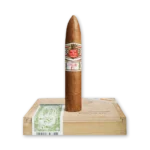 Charuto Hoyo de Monterrey Epicure No.3 de cabeça pontiaguda em pé sobre a caixa de madeira com selo de garantia verde