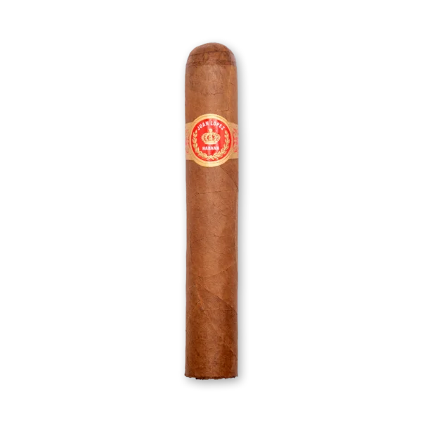 Charuto Juan Lopez Selección No.2 de corpo grosso e capa marrom alaranjada, com anilha vermelha e dourada com coroa
