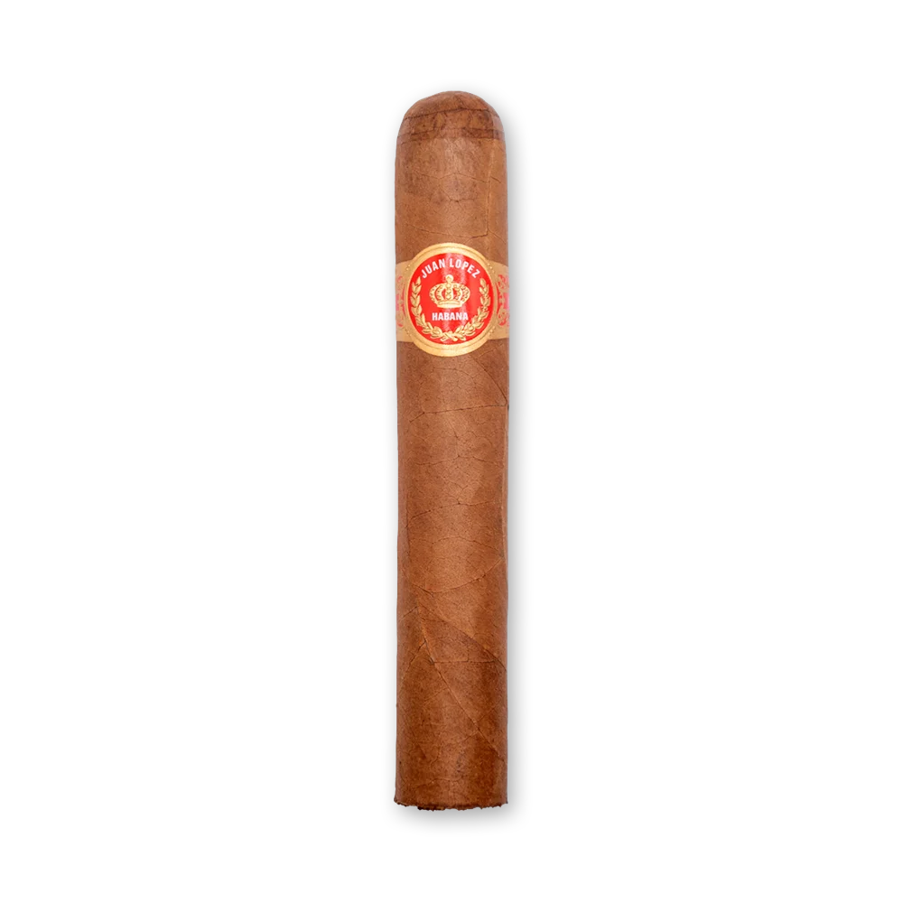 Charuto Juan Lopez Selección No.2 visto de frente com anilha vermelha Charuto Juan Lopez Selección No.2 de corpo grosso e capa marrom alaranjada, com anilha vermelha e dourada com coroa