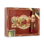 Caixa vermelha fechada e ornamentada de Flor de Las Antillas Torpedo Maduro com um torpedo apoiado na lateral