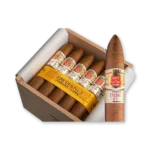 Caixa de madeira aberta com charutos Hoyo de Monterrey Epicure No.3 de cabeça pontiaguda e fita amarela com o nome da linha