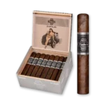 Caixa CAO Flathead V554 aberta com ilustração retrô sépia e charutos alinhados