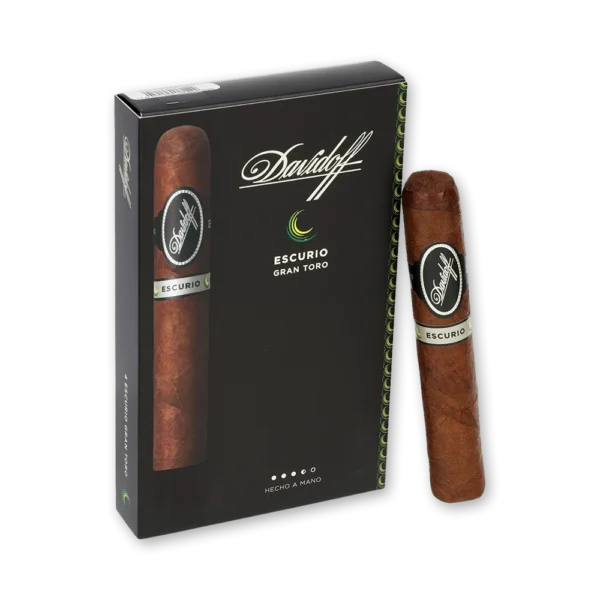 Caixa preta Davidoff Escurio Gran Toro fechada com charuto ao lado