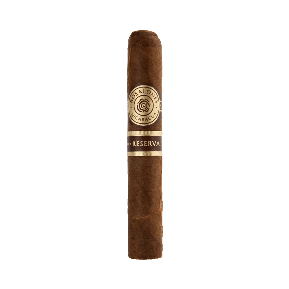 Charuto Rosalones Reserva RR550 nicaraguense com capa marrom escura, anilha dourada premium e formato robusto sobre fundo neutro.