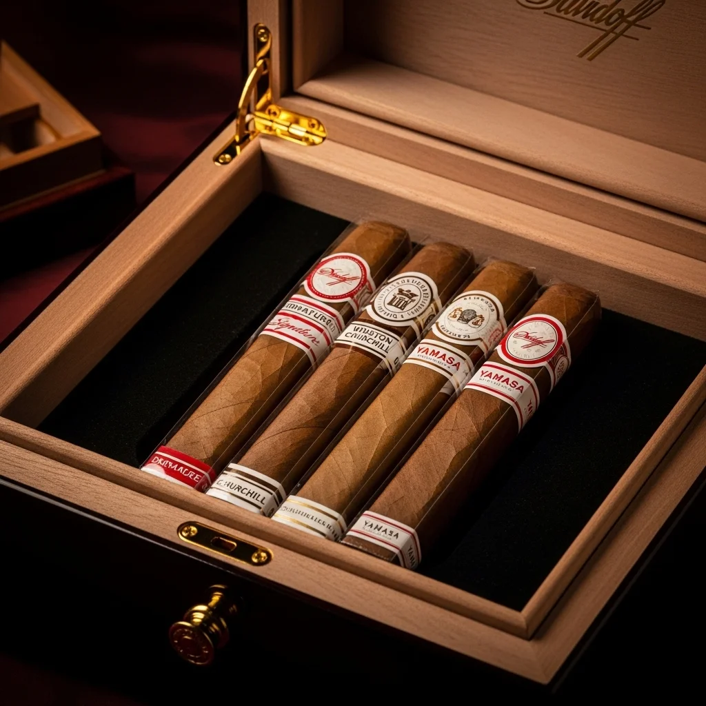 Coleção de charutos Davidoff: Signature, Winston Churchill e Yamasa dispostos em humidor de luxo
