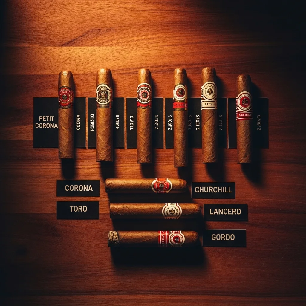 Diagrama comparativo das principais vitolas de charutos — do Petit Corona ao Double Toro