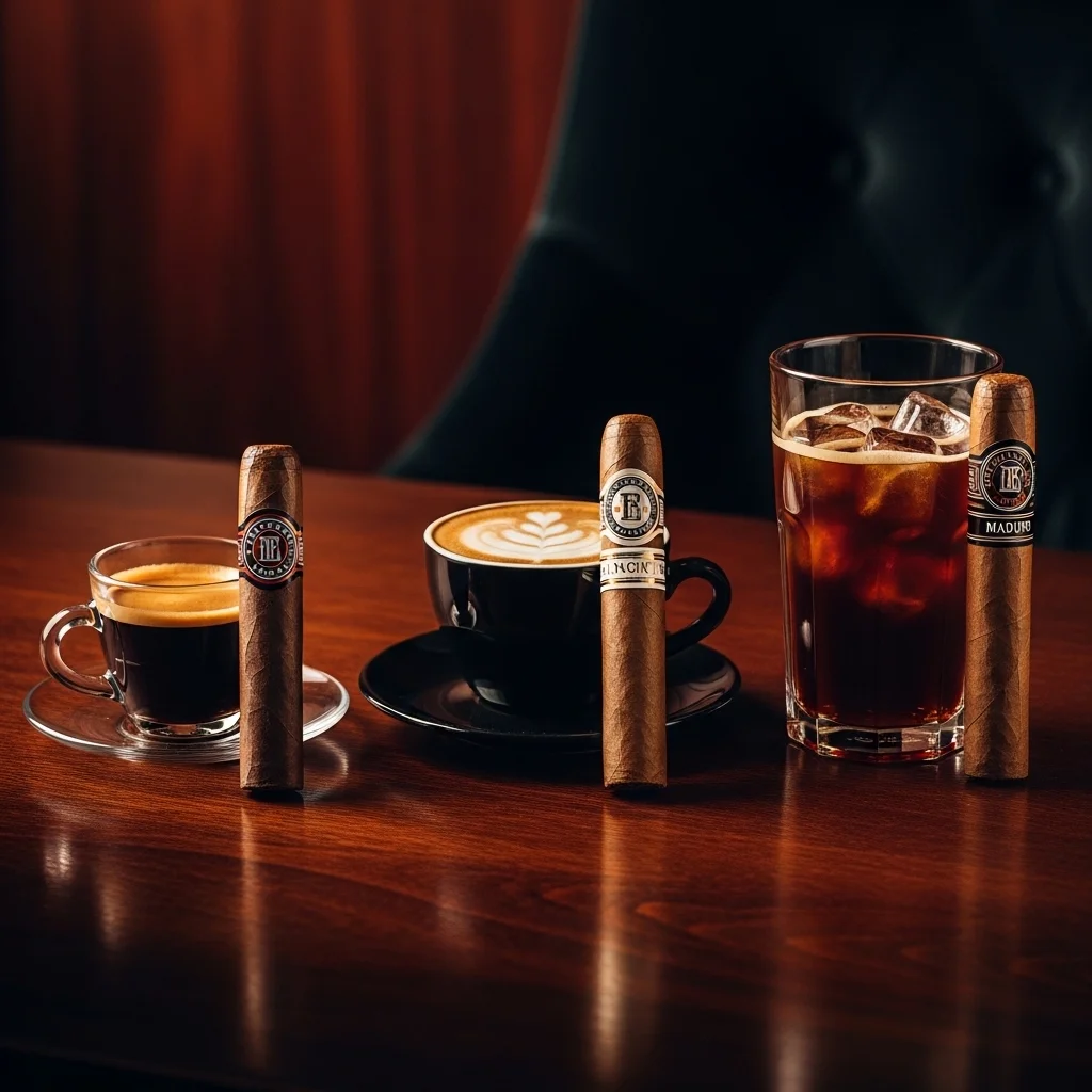 Diferentes preparos de café: espresso, cappuccino e cold brew ao lado de charutos de diferentes capas