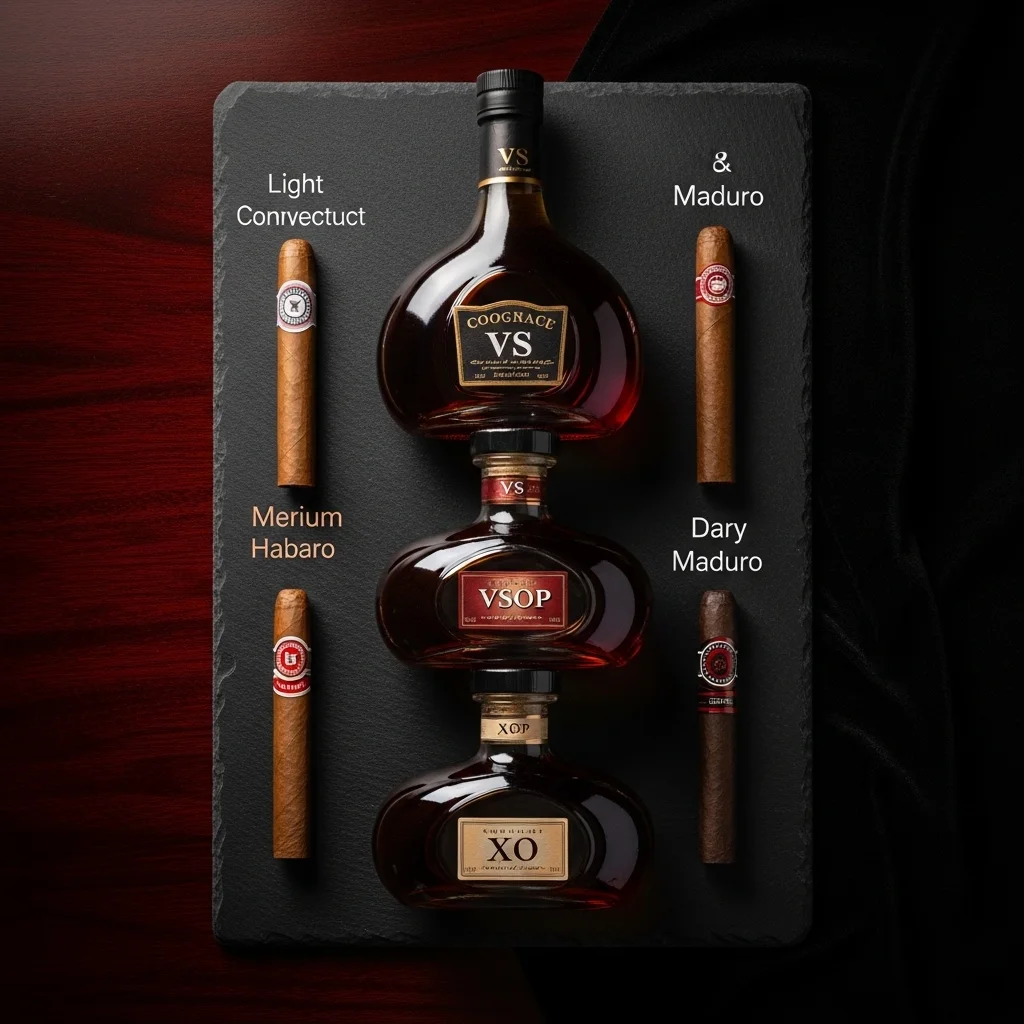 Pirâmide de harmonização: VS com charutos leves, VSOP com médios, XO com encorpados e Maduro