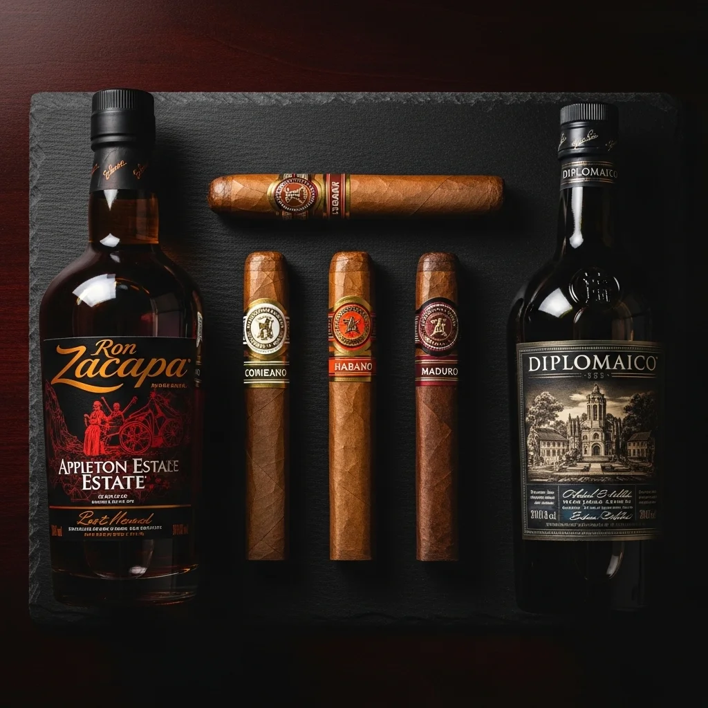 Diferentes perfis de charutos ao lado de garrafas de rum envelhecido: Connecticut, Habano e Maduro