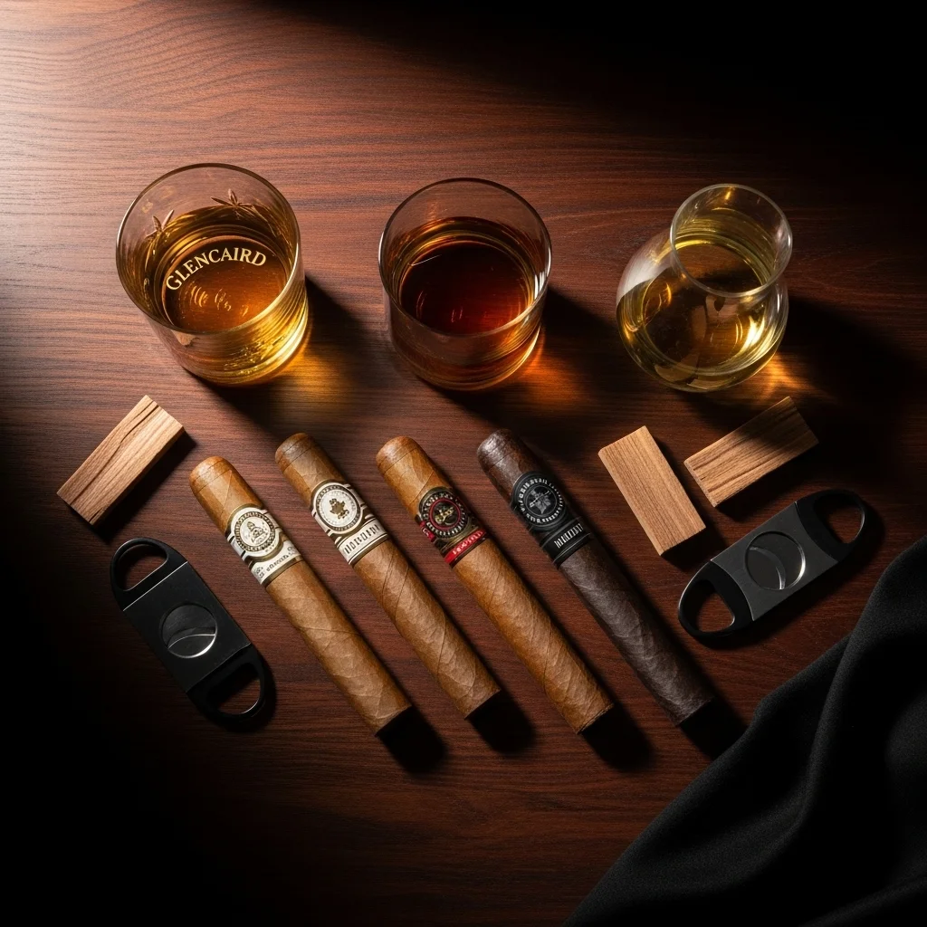 Seleção de whiskies e charutos dispostos sobre mesa de mogno em lounge privativo