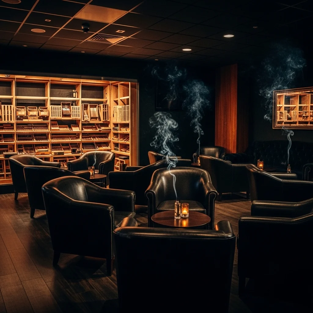 Interior de cigar bar nos Estados Unidos com lounges de couro e humidores