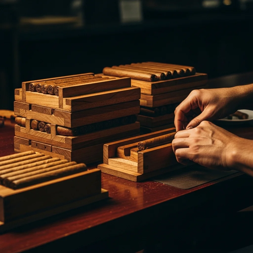 Moldes retangulares de madeira (chavetas) usados na prensagem de charutos box-pressed em fábrica artesanal