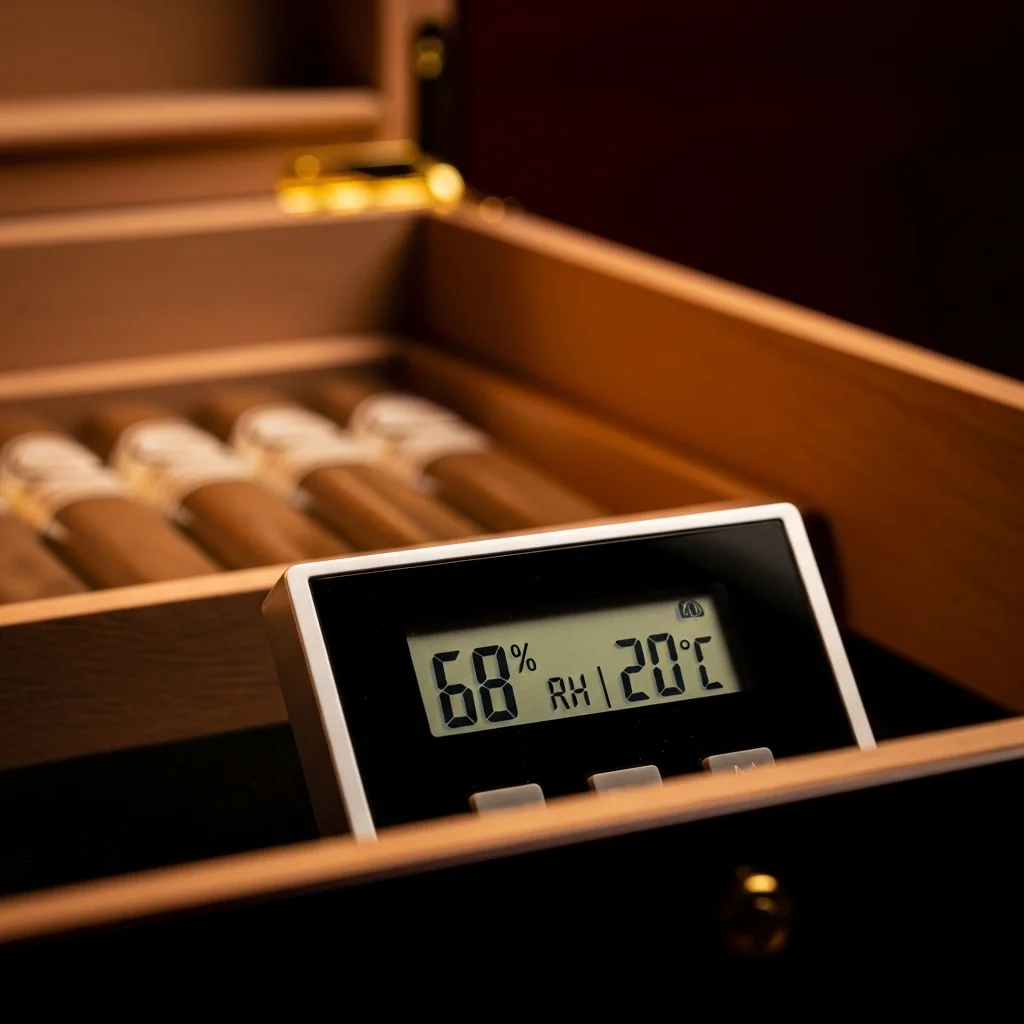 Higrômetro digital dentro de humidor mostrando leitura de 68% de umidade e 20°C