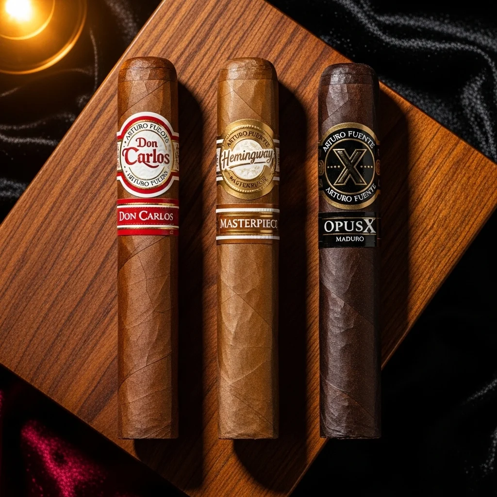Coleção Arturo Fuente Don Carlos, Hemingway e OpusX dispostos lado a lado para comparação de linhas
