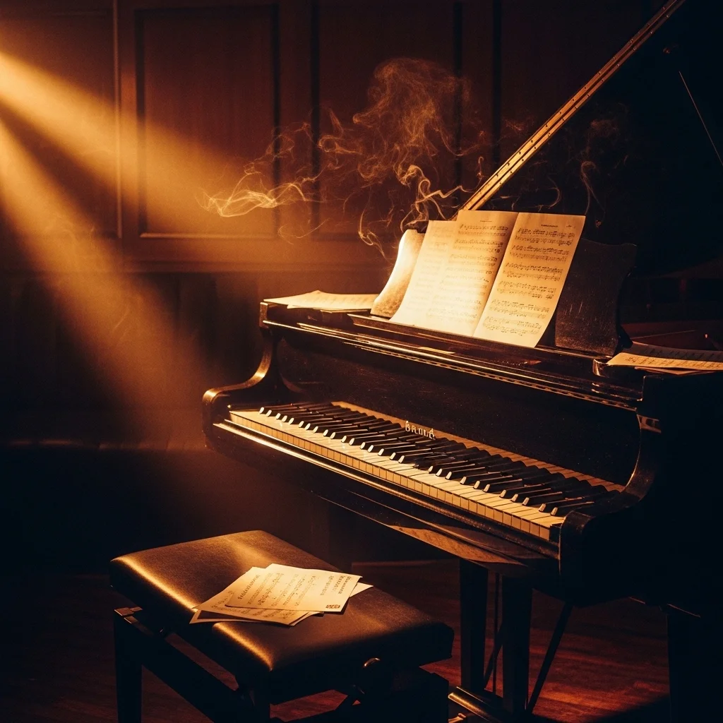 Interior de clube de jazz dos anos 1950 com piano de cauda e iluminação ambiente quente