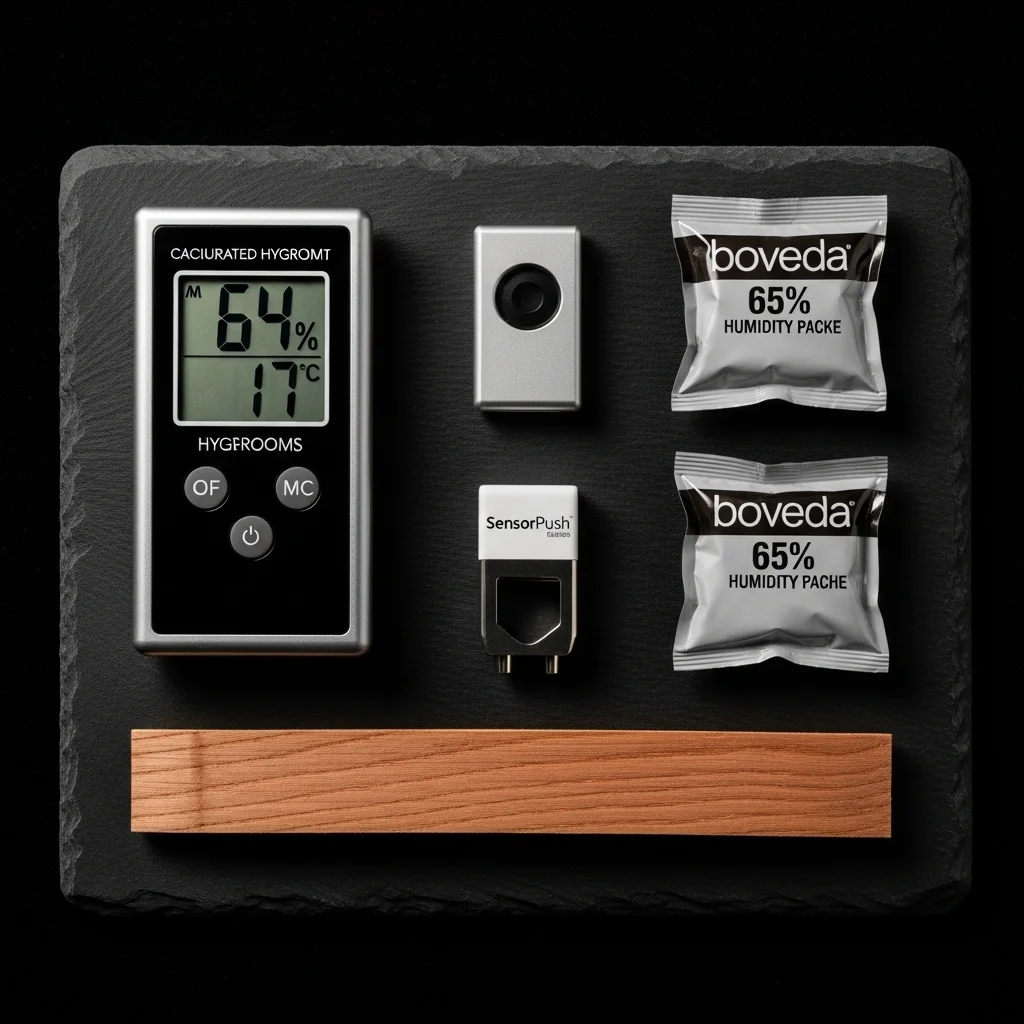 Acessórios essenciais para aging de charutos: higrômetro digital, Boveda packs e datalogger sobre superfície de ardósia