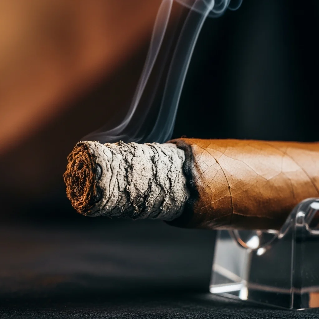 Charuto premium no segundo terço com cinza firme e queima uniforme — sinal de qualidade de construção