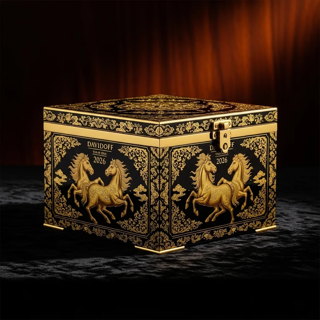 Davidoff Year of the Horse 2026 Masterpiece Humidor edição limitada com motivos equinos artesanais em laca dourada