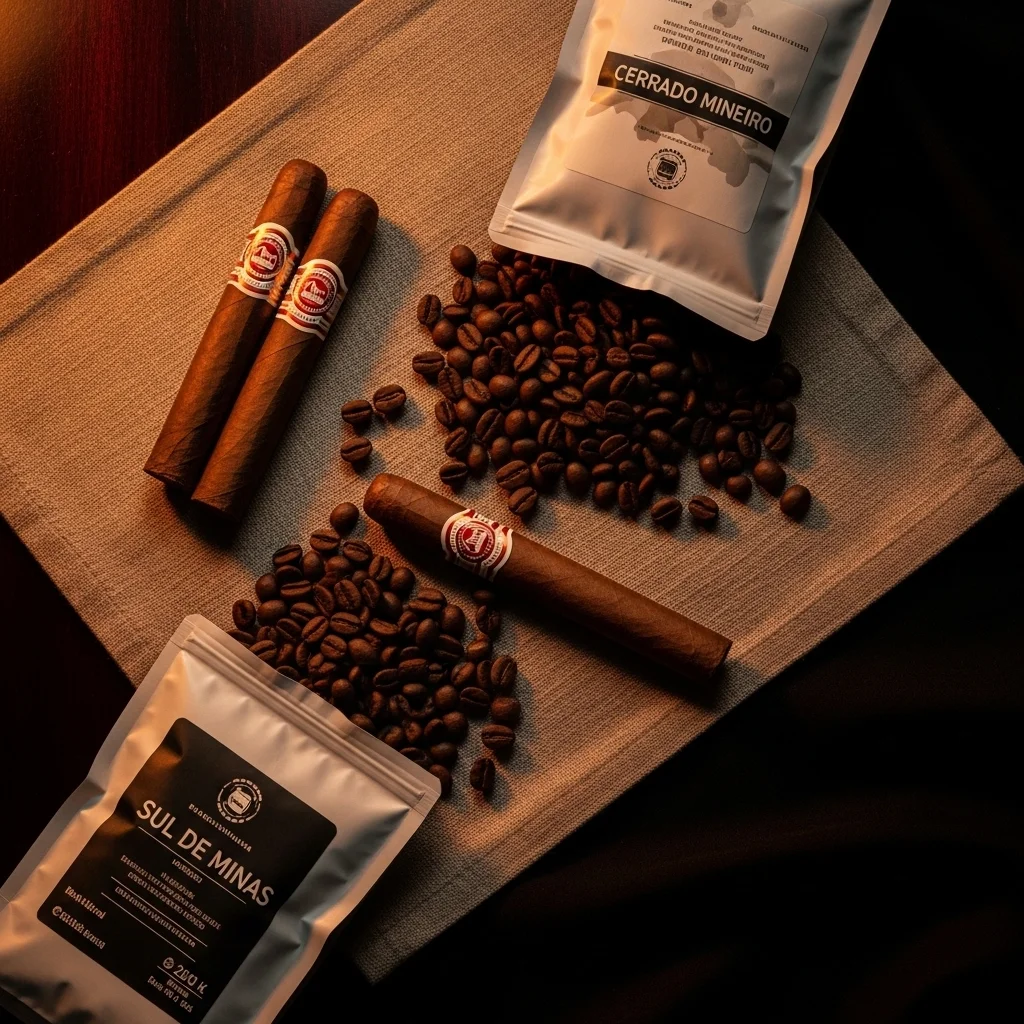 Grãos de café especial brasileiro do Cerrado Mineiro e Sul de Minas ao lado de charutos premium
