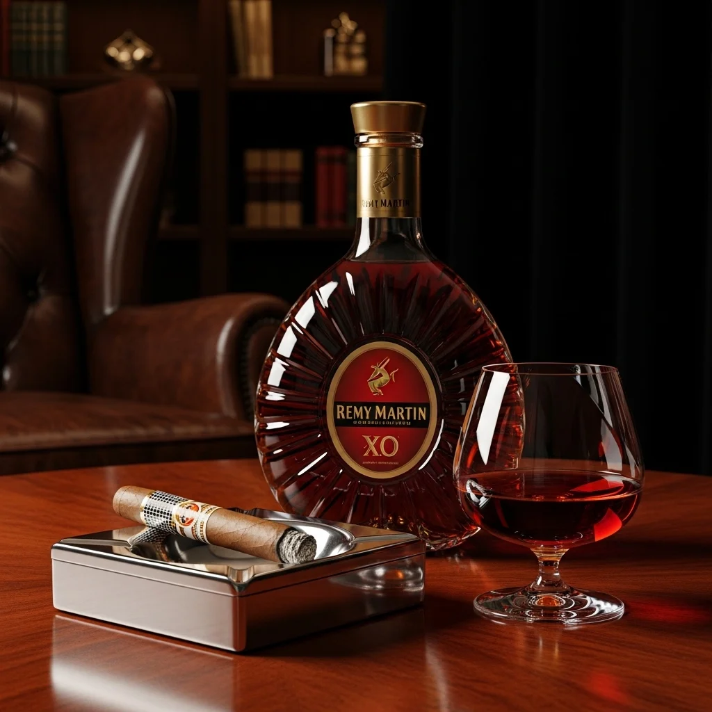 Sessão de harmonização charuto e cognac: snifter de cristal, charuto cubano aceso e acessórios em mesa de mogno