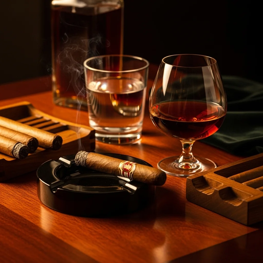 Configuração de sessão perfeita com charuto aceso, snifter de rum e acessórios em mesa de madeira