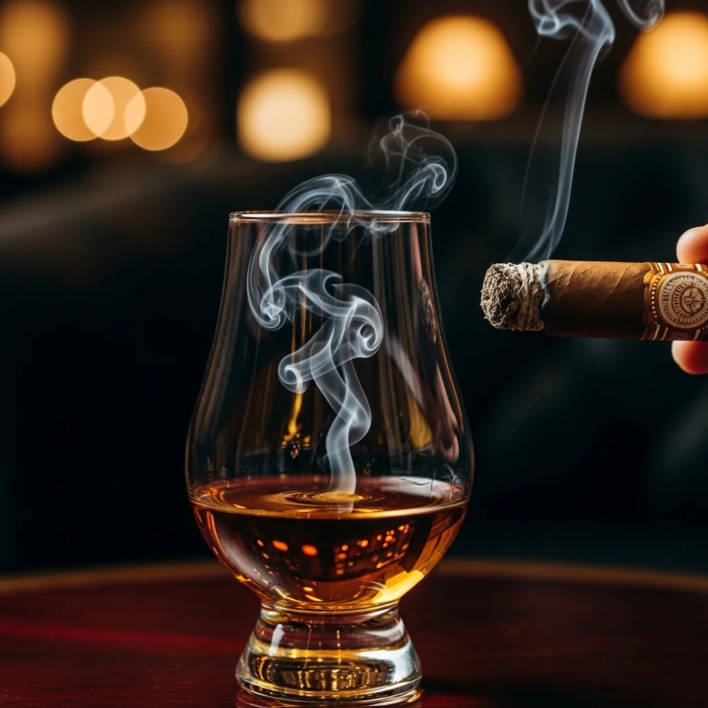 Close-up de baforaça de charuto envolvendo um copo Glencairn com whisky âmbar dourado