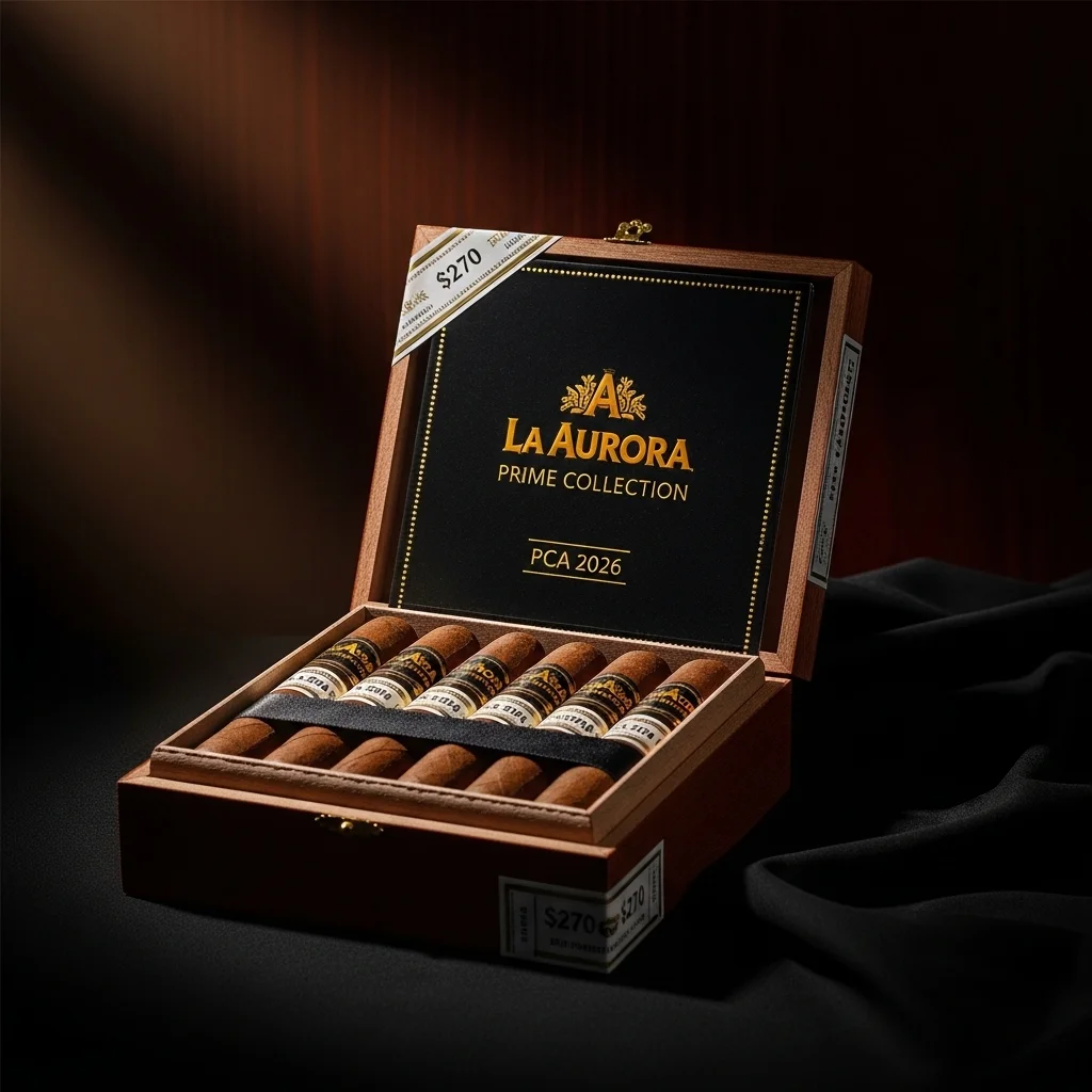 La Aurora Prime Collection PCA 2026 em embalagem especial a $270 por caixa, apresentada na feira PCA