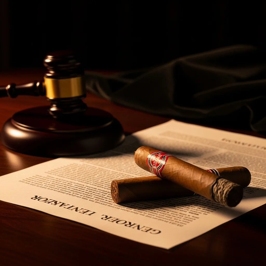 Documento legislativo com martelo de juiz e charutos premium ao lado