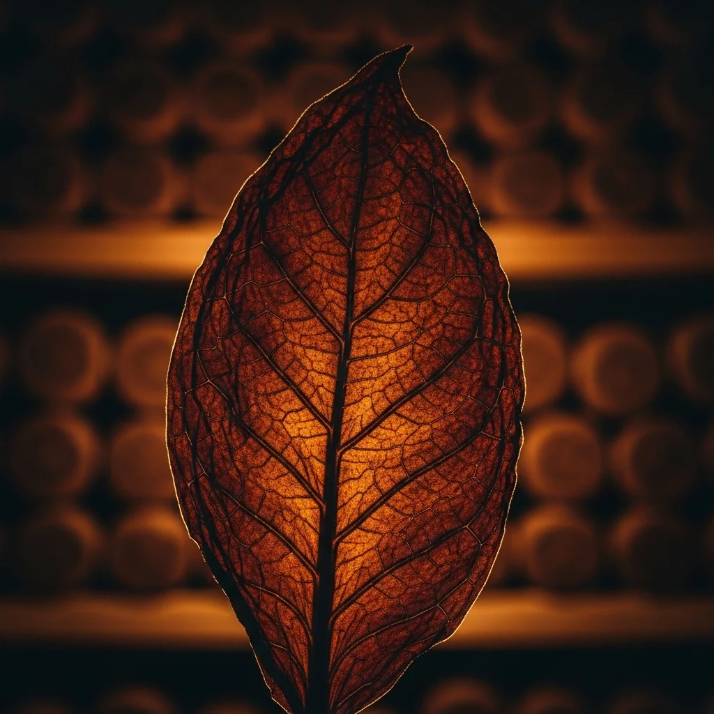 Folha de tabaco San Andrés escura e oleosa em close-up mostrando textura e veias finas