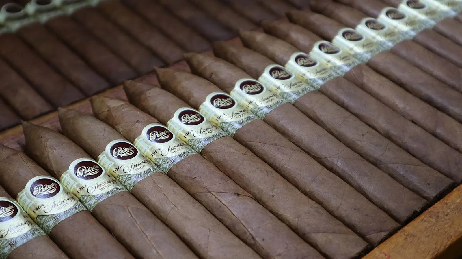 Vitolas Padrón Family Reserve No. 45 e No. 50 em embalagem premium sobre superfície de madeira envelhecida