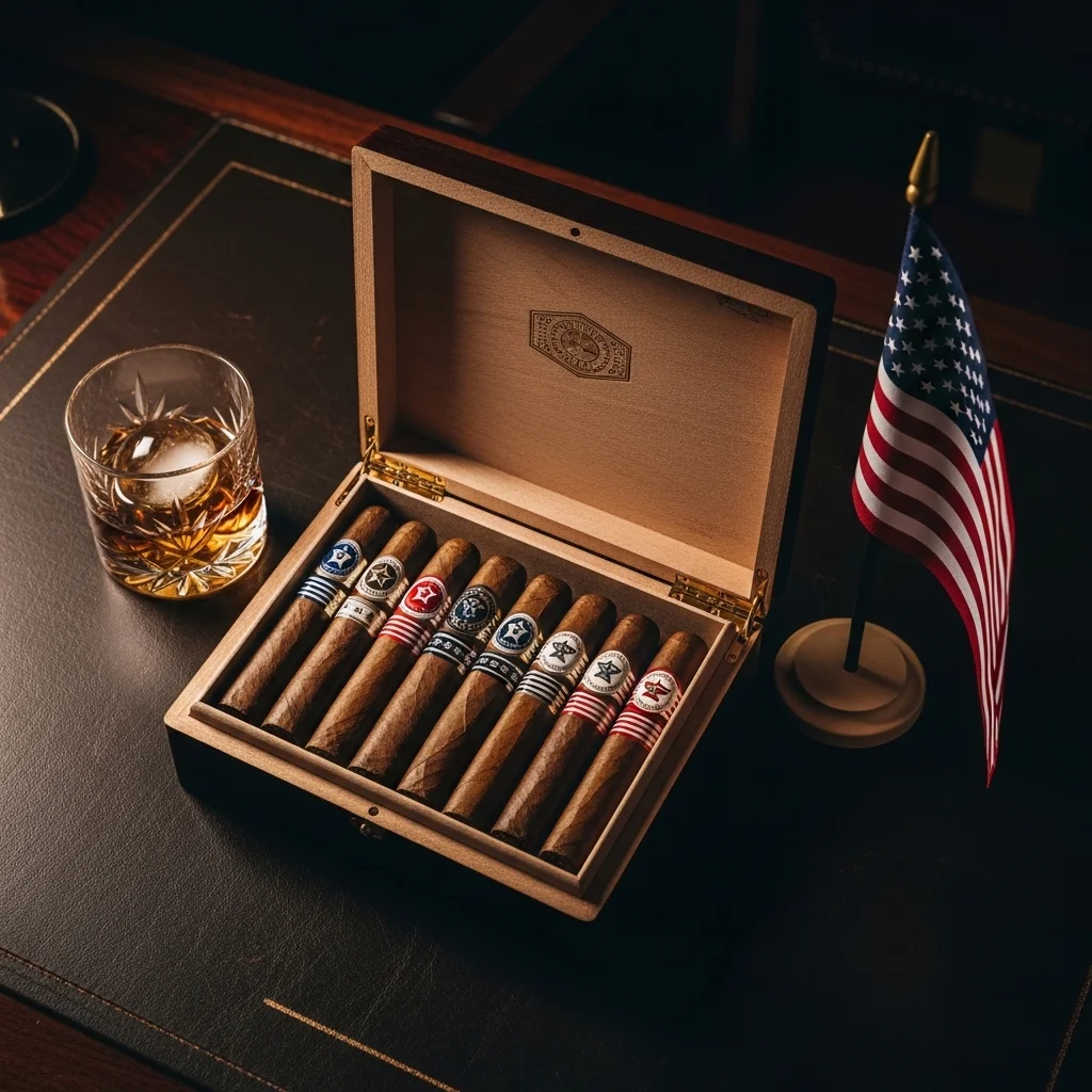 Caixa de charutos comemorativos aberta com temas patrióticos americanos