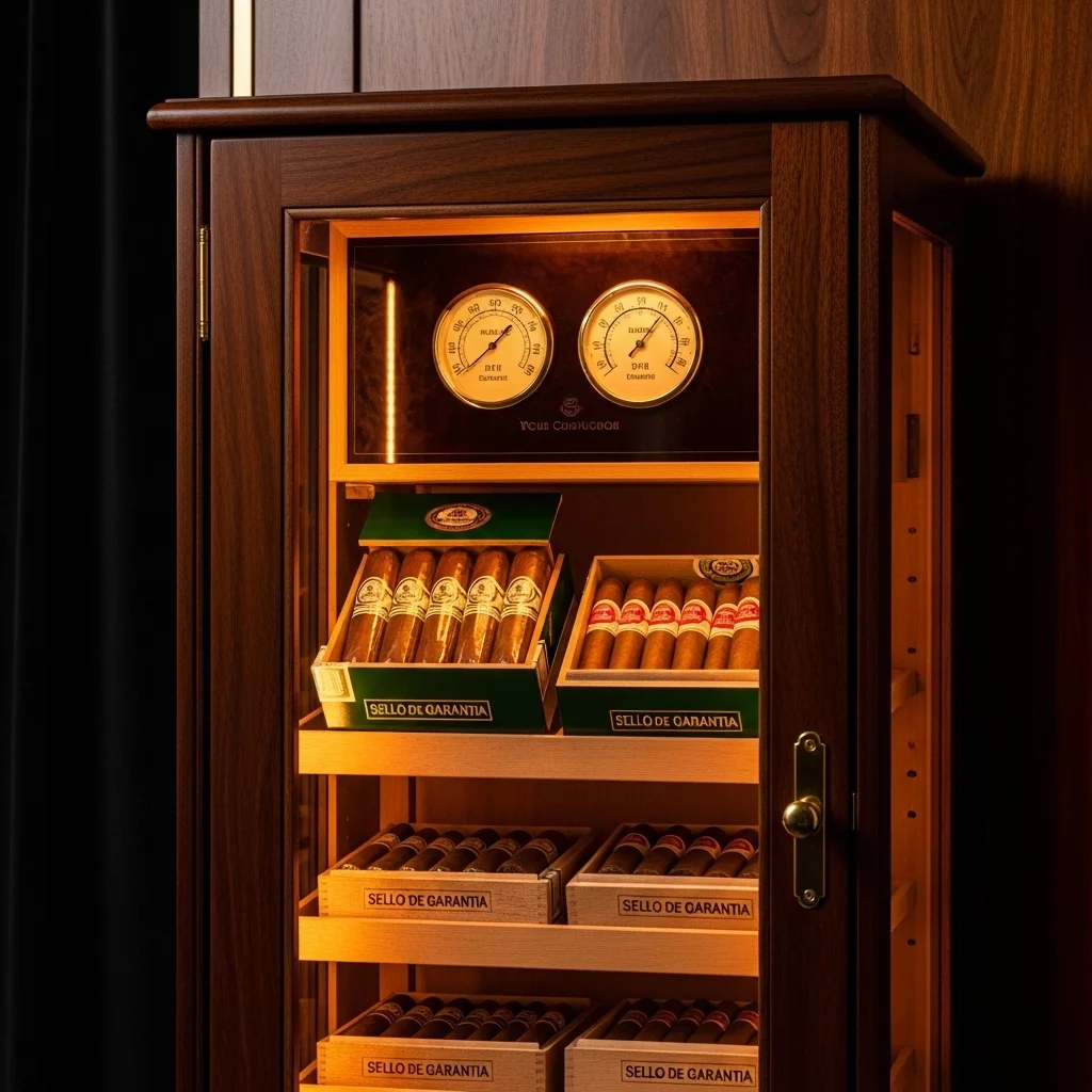 Humidor de colecionador para charutos cubanos raros — condições ideais de temperatura e umidade para valorização