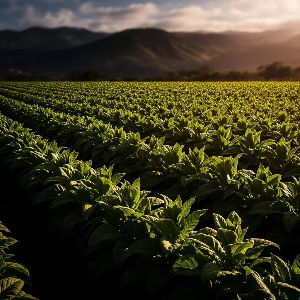 A fazenda Chateau de la Fuente na República Dominicana com plantação de tabaco colorado rosado ao fundo