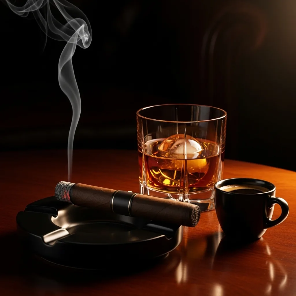 Charuto com capa San Andrés ao lado de um copo de bourbon e xícara de espresso em ambiente elegante