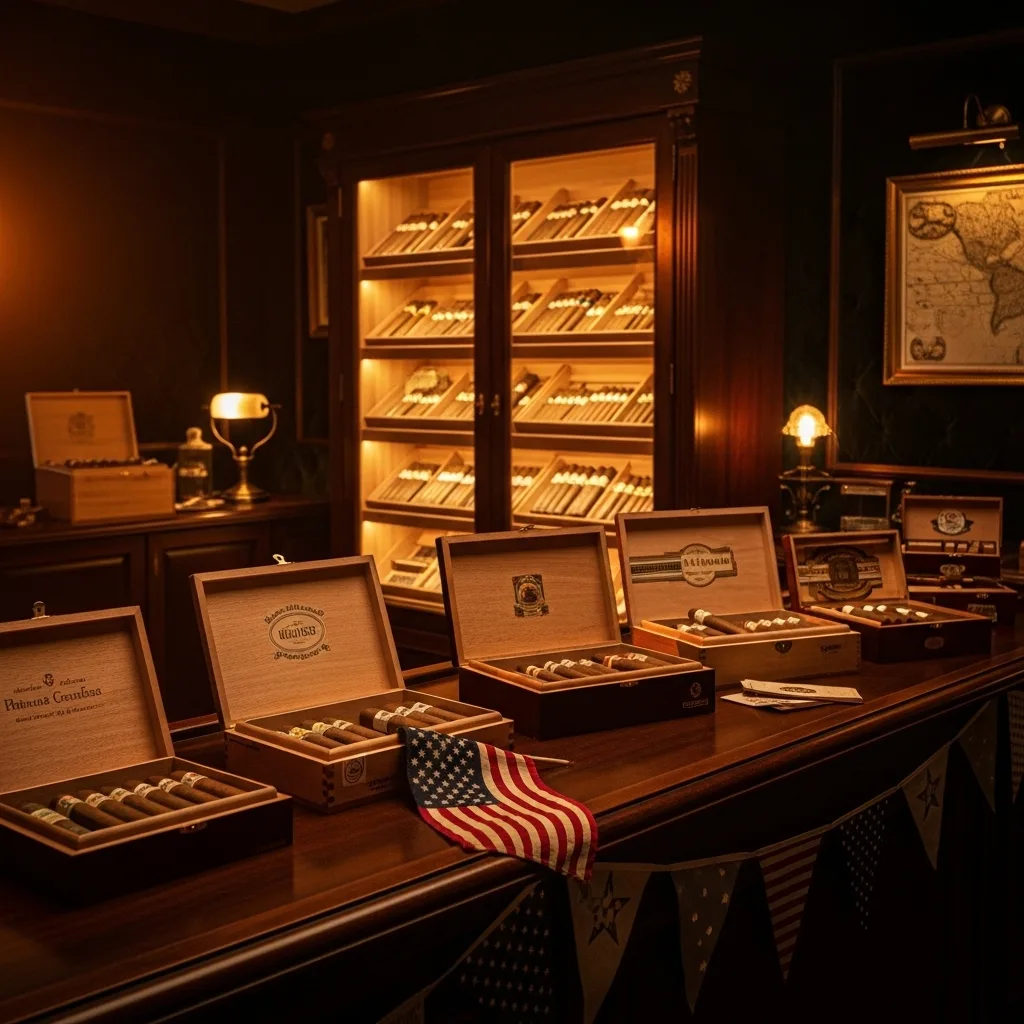 Interior de tabacaria premium com decoração patriótica americana e humidores