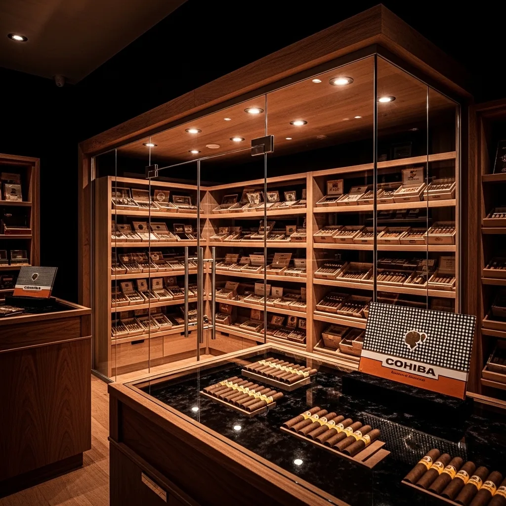 Interior de uma loja La Casa del Habano no Brasil com humidor exibindo charutos Cohiba