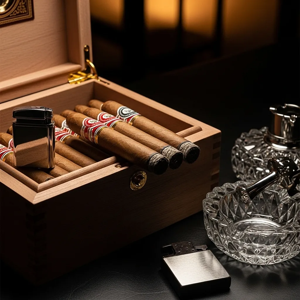 Charutos premium em humidor de cedro espanhol com iluminação quente