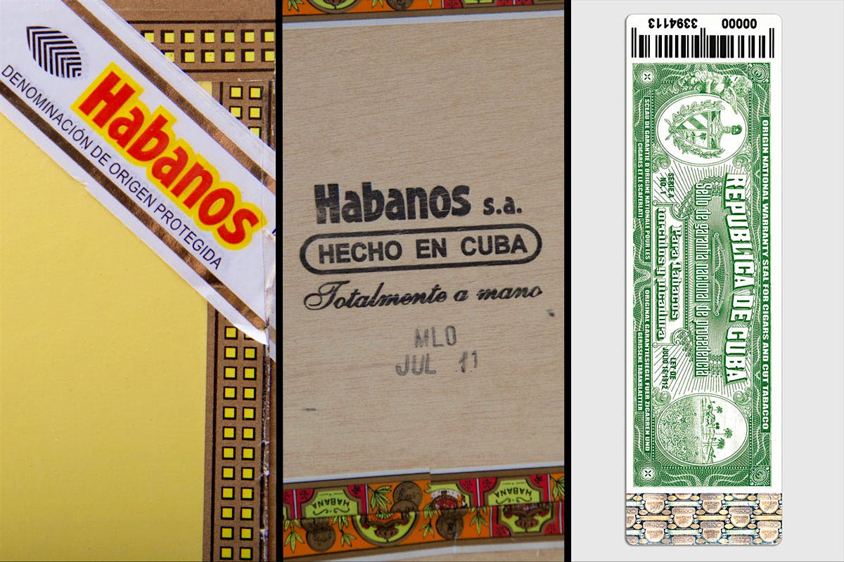 Lacre de garantia Habanos SA com hologram e código de barras para verificação de autenticidade