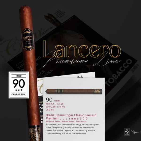 Charuto JAMM Cigar Lancero com capa colorado, detalhe de construção — brasileiro