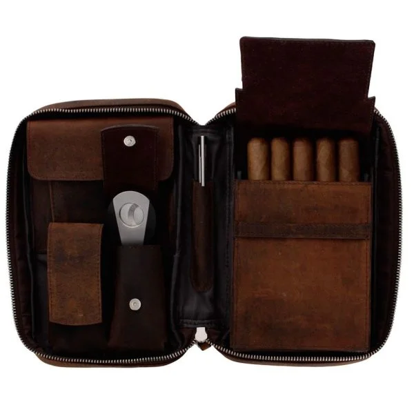 Vista geral do porta-charutos Nerone Travel Case vintage preto com alça