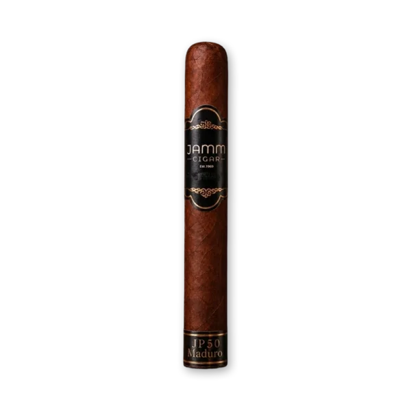 Charuto JAMM JP50 Maduro de capa escura e avermelhada, com anilha preta e dourada e faixa JP50 Maduro no pé
