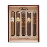 Bandeja de madeira do kit Oliva Robusto Sampler com cinco charutos de séries diferentes e anilhas variadas