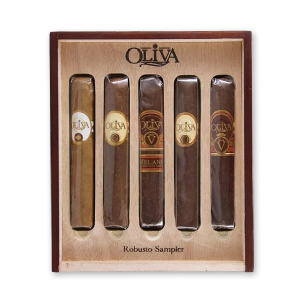 Bandeja de madeira do kit Oliva Robusto Sampler com cinco charutos de séries diferentes e anilhas variadas
